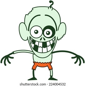 Funny bald zombie with bulging eyes, green skin, big ears and orange pants while staring at you, posing and grinning in a very embarrassed mood