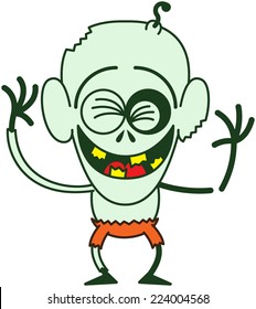 Funny bald zombie with bulging eyes, green skin, big ears and orange pants while clenching his eyes, laughing and raising his arms in a very enthusiastic mood