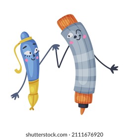 Funny Ballpoint Pen and Marker as Office Supply Humanized Character Holding Hands Vector Illustration
