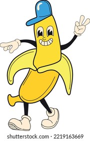Funny banana cartoon character. Retro comic mascot isolated on white background