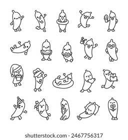Funny banana character. Coloring Page. Cute cartoon fruit. Hand drawn style. Vector drawing. Collection of design elements.