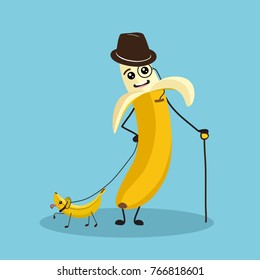 Funny banana character with eyes, legs, cane and monocle. Banana gentleman holds a banana dog on a leash character isolated on blue background.