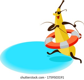 Funny banana character going to swim, vector illustration, concept for a summer poster, lifesaver