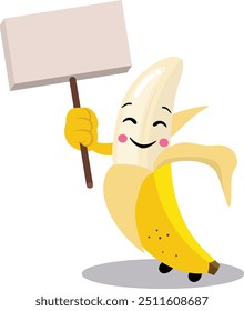 Funny banana character mascot holding a blank signboard
