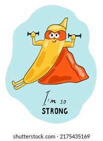 Funny banana character in mask  with big muscle 