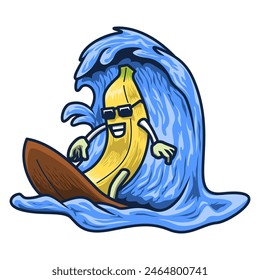 Funny banana character playing surfing and wearing sunglasses in summer. Mascot illustration collection.