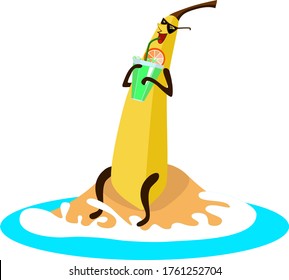 Funny banana character with shake, vector illustration, summer relax  concept