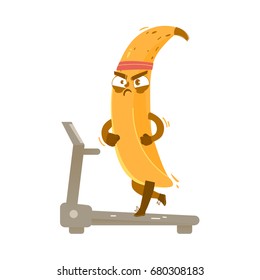 Funny banana character working, running on treadmill with concentrated face expression, comic, cartoon vector illustration isolated on white background. Funny banana character running on treadmill