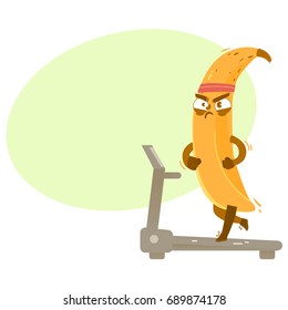 Funny banana character working, running on treadmill with concentrated face expression, comic, cartoon vector illustration isolated on white background. Funny banana character running on treadmill