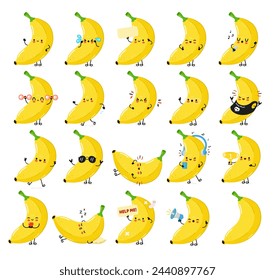 Funny Banana characters bundle set. Vector hand drawn doodle style cartoon character illustration icon design. Cute Banana mascot character collection