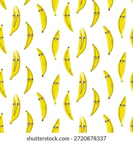 Divertidos personajes de banana sin patrón. Fondo para ropa de niños y embalaje de bocadillos. Ilustración plana amarilla brillante