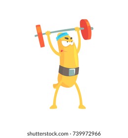 Funny banana doing exercises with barbell, cartoon fruit character vector Illustration