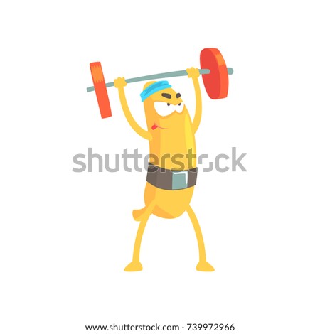 Funny banana doing exercises with barbell, cartoon fruit character vector Illustration