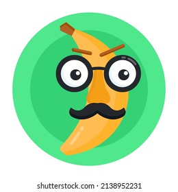 A funny banana with face, flat round icon of banana prank

