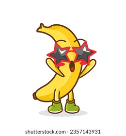 Funny banana fruit character in star-shaped glasses having fun at party, cartoon vector illustration isolated on white background. Cartoon banana fruit character, party mascot