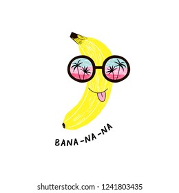 funny banana fruit character in sunglasses with seaside horizon reflexion, pencil drawing style illustration for kid poster and summer t-shirt design, isolated on white