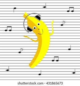 Funny banana in headphones vector. Banana music lover with notes. Banana dancer. Banana vector illustration. 