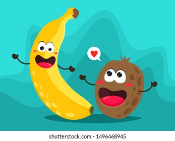 Funny banana and kiwi fruit  in cartoon style. Bright vector illustration with  fruits.