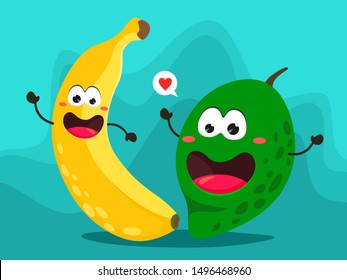 Funny banana and mango in cartoon style. Bright vector illustration with fruits.