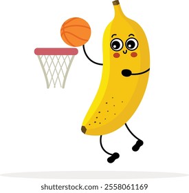 Funny banana mascot playing basketball