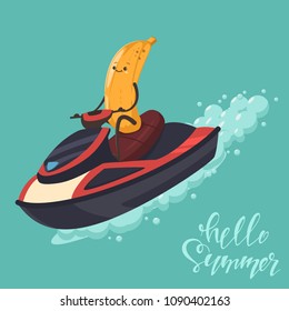 Funny Banana on a jet ski. Vector cartoon character of cute fruit of summer water activities. Illustration of sport and healthy lifestyle.