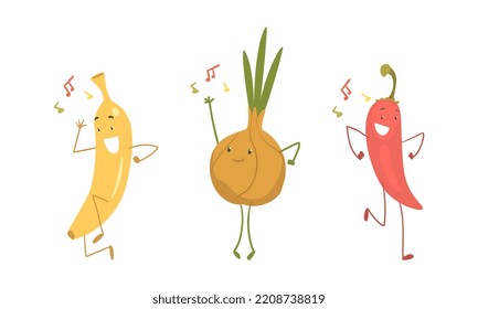 Funny Banana and Onion Character Dancing Moving Hand and Legs Vector Set