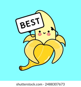 Funny Banana with poster best. Vector hand drawn cartoon kawaii character illustration icon. Isolated on blue background. Happy Banana think concept