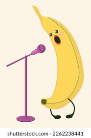 Funny banana singing near the counter with a microphone. Fruits lead an active lifestyle. 