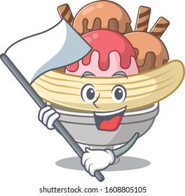 Funny banana split cartoon character style holding a standing flag