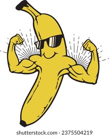 Funny Banana with Strong Arms and Sunglasses. Vector Illustration.