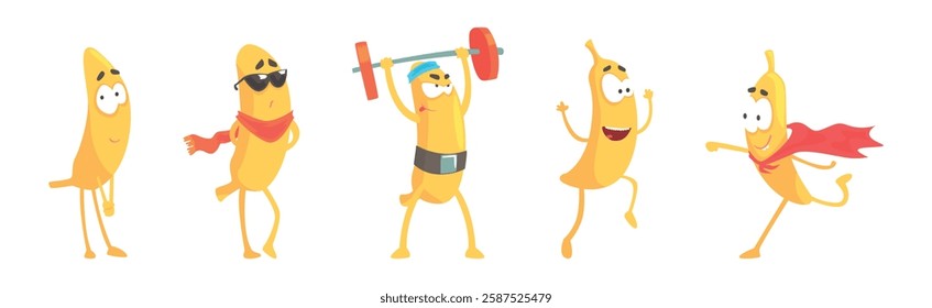 Funny Banana Yellow Character Engaged in Different Activity Vector Set