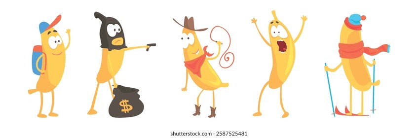 Funny Banana Yellow Character Engaged in Different Activity Vector Set