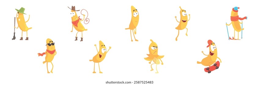 Funny Banana Yellow Character Engaged in Different Activity Vector Set