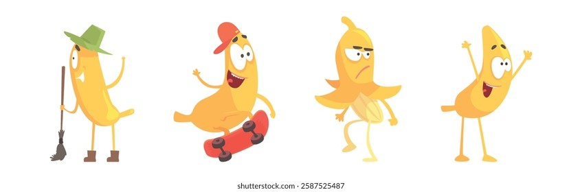 Funny Banana Yellow Character Engaged in Different Activity Vector Set