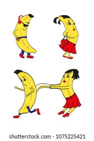 Funny bananas are walking. Spring mood. Fun. illustration. Isolated on white background. The cartoon.
