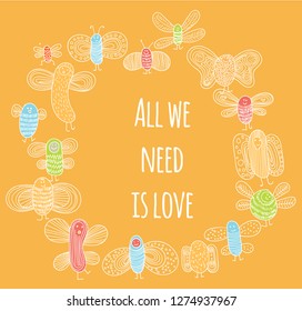 Funny banner with bugs and place for text. cute small bugs in vector. Funny insects in childish set. Scandinavian style bugs. Hand drawn vector pattern