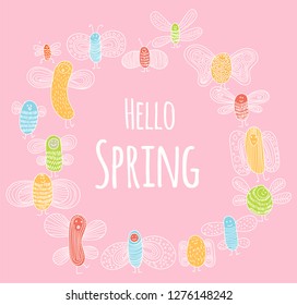 Funny banner with bugs and place for text. cute small bugs in vector. Funny insects in childish set. Scandinavian style bugs. Hand drawn vector pattern