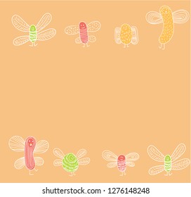 Funny banner with bugs and place for text. cute small bugs in vector. Funny insects in childish set. Scandinavian style bugs. Hand drawn vector pattern