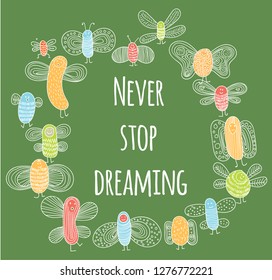 Funny banner with bugs and place for text. cute small bugs in vector. Funny insects in childish set. Scandinavian style bugs. Hand drawn vector pattern