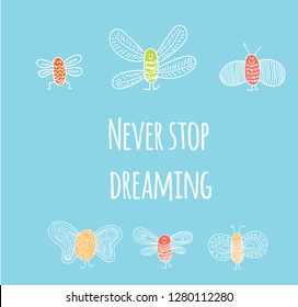 Funny banner with bugs and place for text. cute small bugs in vector. Funny insects in childish set. Scandinavian style bugs. Hand drawn vector pattern