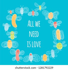 Funny banner with bugs and place for text. cute small bugs in vector. Funny insects in childish set. Scandinavian style bugs. Hand drawn vector pattern