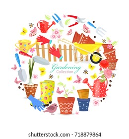funny banner with colorful gardening tools and equipments for your design