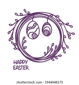 Funny banner with a frame of branches with leaves and a wreath with Easter eggs. Vector illustration cut out of paper concept.