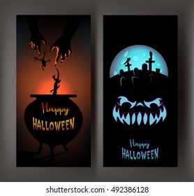 FUNNY BANNERS WITH HALLOWEEN DESIGN OBJECTS. VECTOR ILLUSTRATION