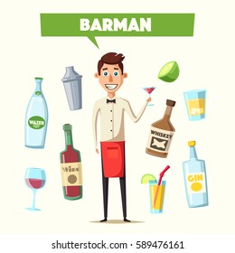 Funny bartender, cute character. Vector cartoon illustration