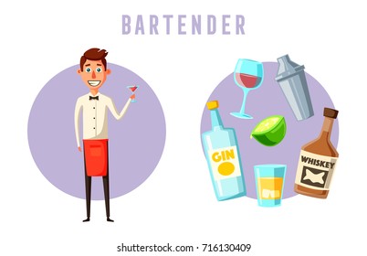 Funny bartender, cute character. Vector cartoon illustration