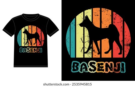 Engraçado Basenji Retro Vintage Sunset T-shirt Design template, Basenji Board, Adesivo janela do carro, POD, capa, fundo branco isolado, Presente de Silhueta para Amante Basenji