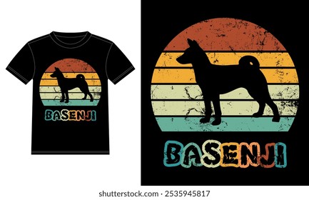 Engraçado Basenji Retro Vintage Sunset T-shirt Design template, Basenji Board, Adesivo janela do carro, POD, capa, fundo branco isolado, Presente de Silhueta para Amante Basenji