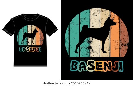 Engraçado Basenji Retro Vintage Sunset T-shirt Design template, Basenji Board, Adesivo janela do carro, POD, capa, fundo branco isolado, Presente de Silhueta para Amante Basenji