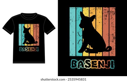 Engraçado Basenji Retro Vintage Sunset T-shirt Design template, Basenji Board, Adesivo janela do carro, POD, capa, fundo branco isolado, Presente de Silhueta para Amante Basenji